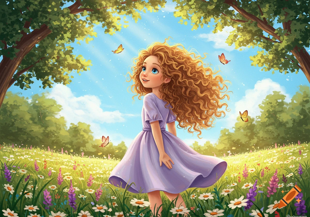 A smiling girl with long, curly blonde hair in a purple dress skips through a sunny field of white and purple flowers, with butterflies.