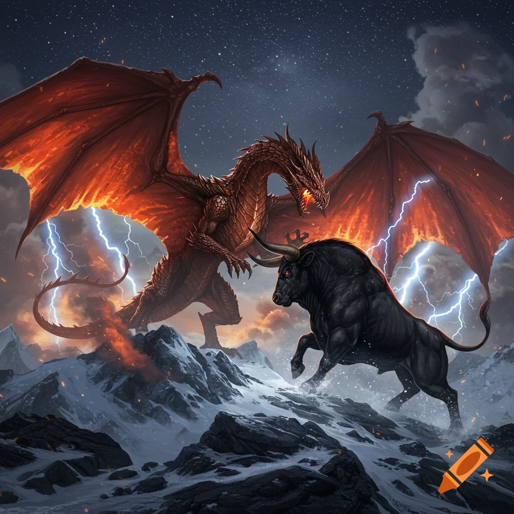 A powerful red dragon with fiery wings confronts a black bull on a snowy mountain under a starry, stormy sky with lightning.