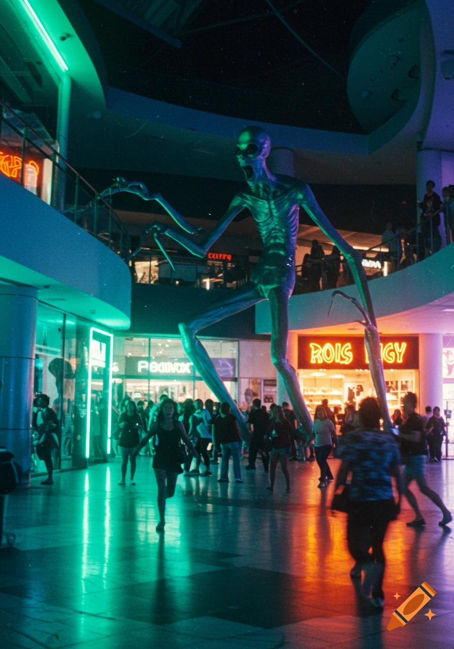 A giant, skinny alien with glowing eyes terrorizes people in a neon-lit shopping mall at night, in a grainy, stylized film photograph.