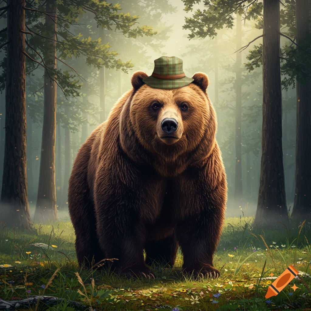 A photorealistic brown bear wearing a small plaid hat stands in a sunlit forest.