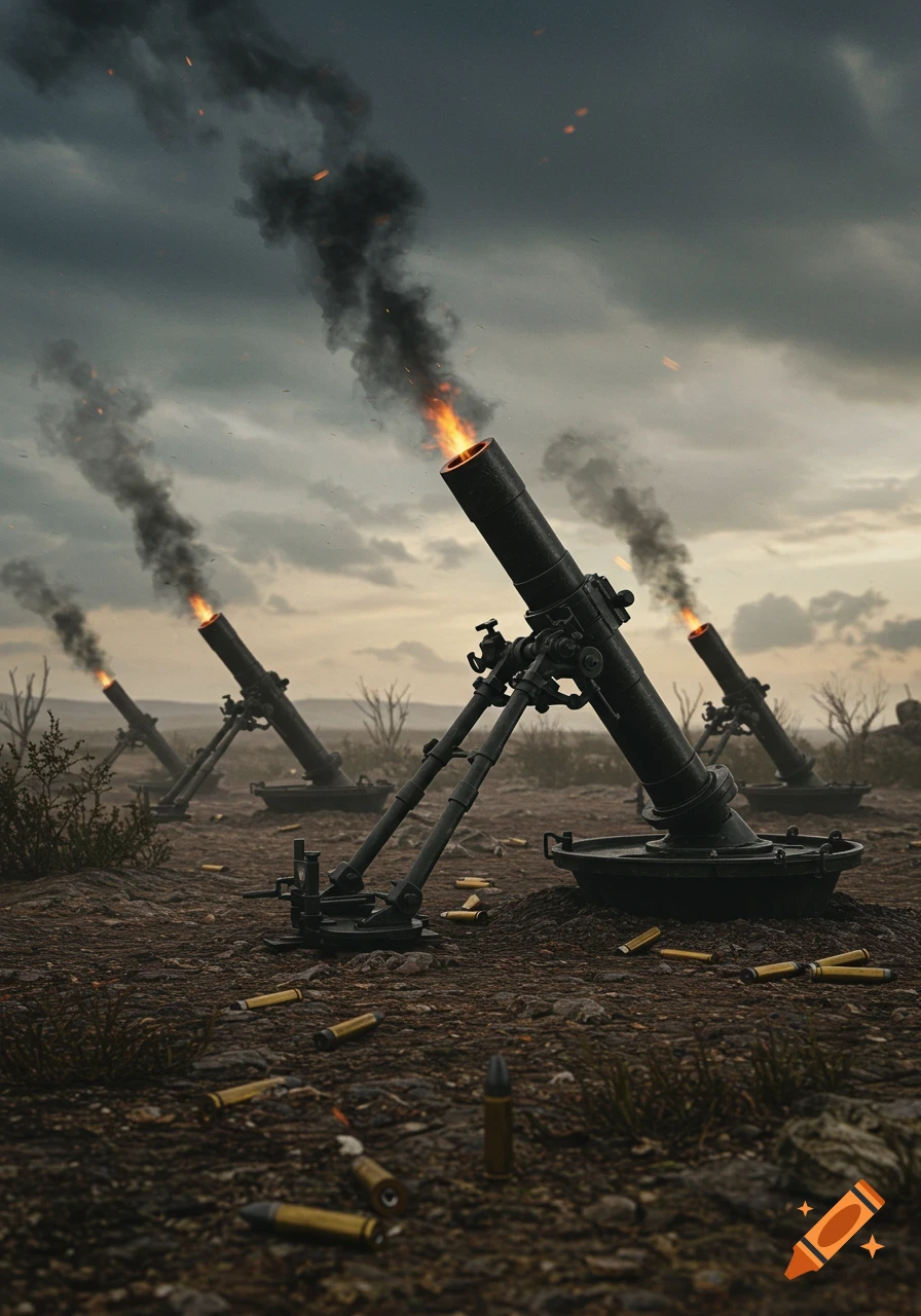Several mortars fire on a desolate battlefield under a cloudy sky, emitting smoke and flames, with shell casings on the ground.