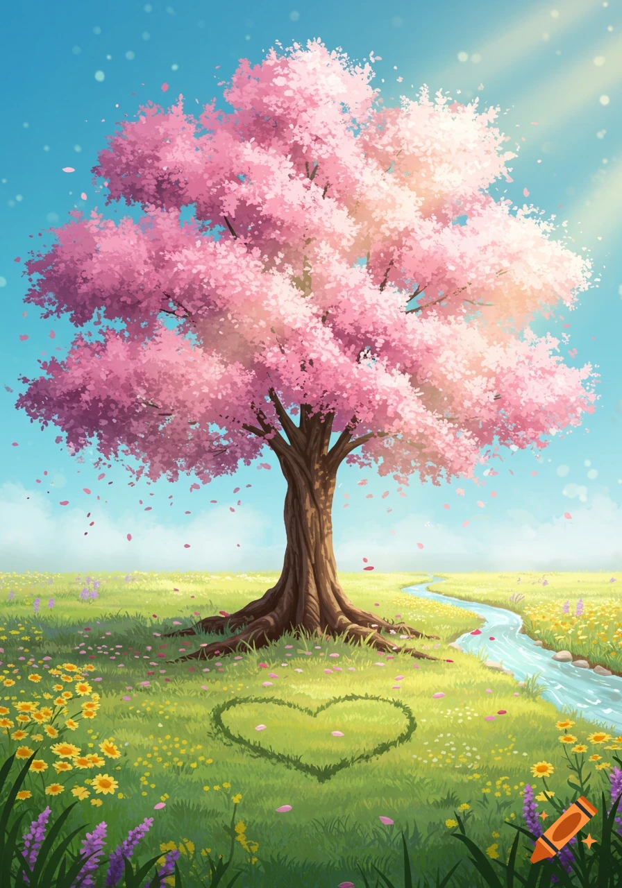 A vibrant illustration of a cherry blossom tree shedding pink petals over a green field with wildflowers, a winding stream, and a heart outline in the grass under a blue sky.
