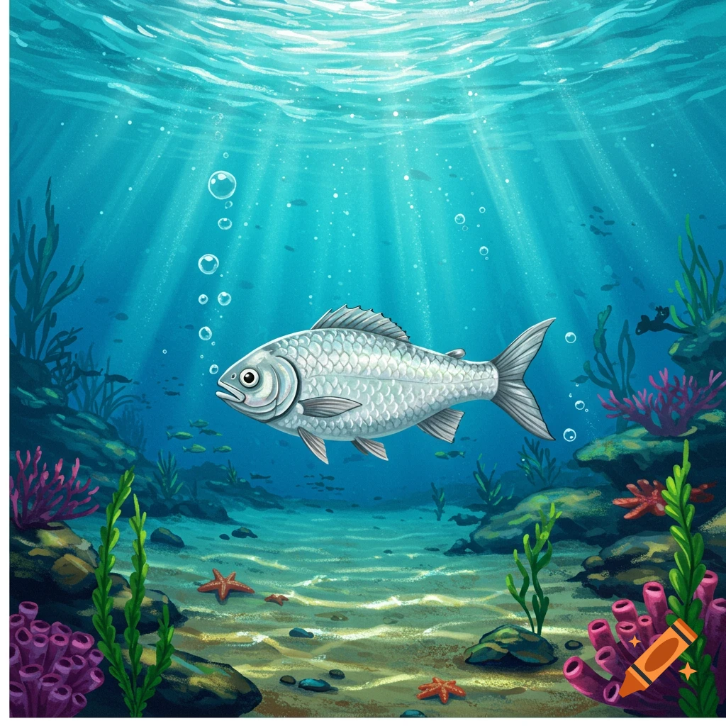 An illustration of a silver fish swimming in a vibrant blue underwater scene with sunbeams, coral, and seaweed.