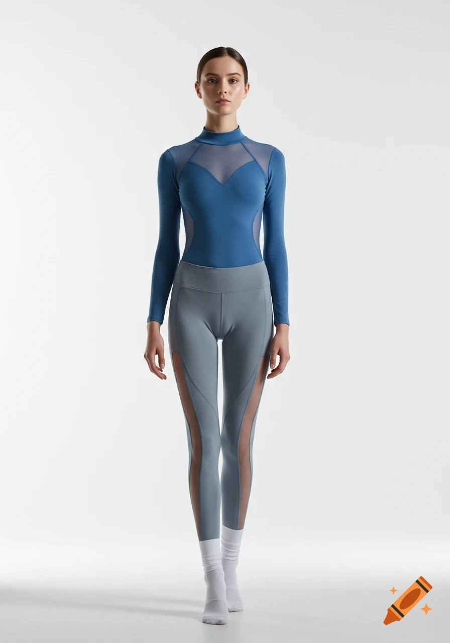 Full-body studio shot of a woman wearing a blue mesh-detailed leotard and grey leggings with sheer panels, standing on a white background.