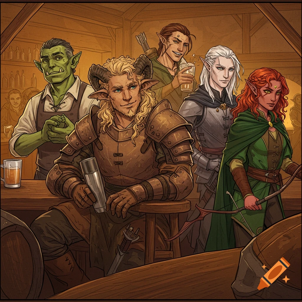 Manga style fantasy adventuring party with a half-orc bartender, satyr, and elves in a tavern.