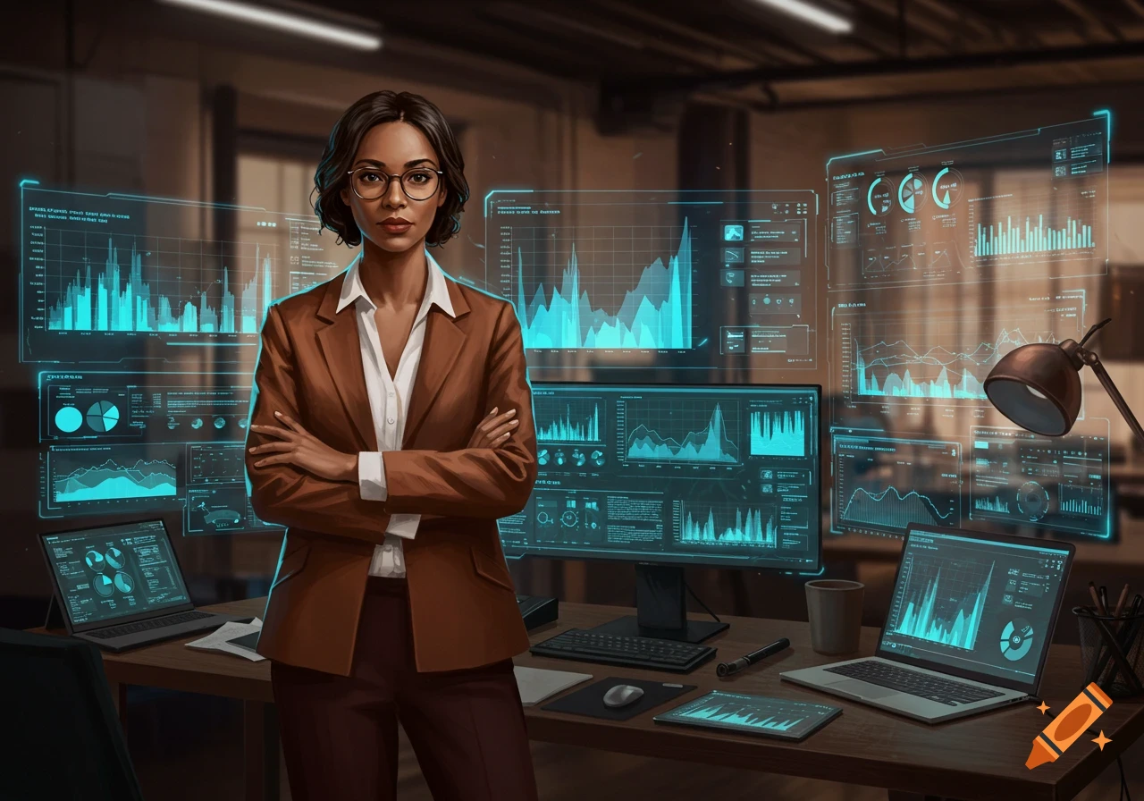 A confident data analytics manager with glasses and a brown suit stands with crossed arms in an office, surrounded by glowing blue holographic data displays and computer screens.