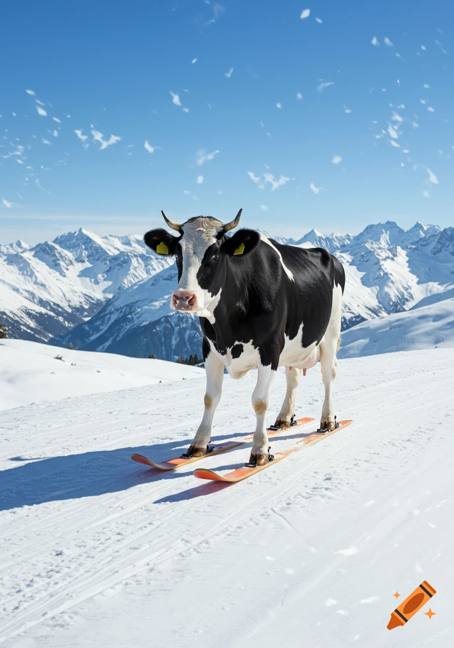 A black and white cow stands on skis on a snowy mountain slope under a clear blue sky with distant peaks.