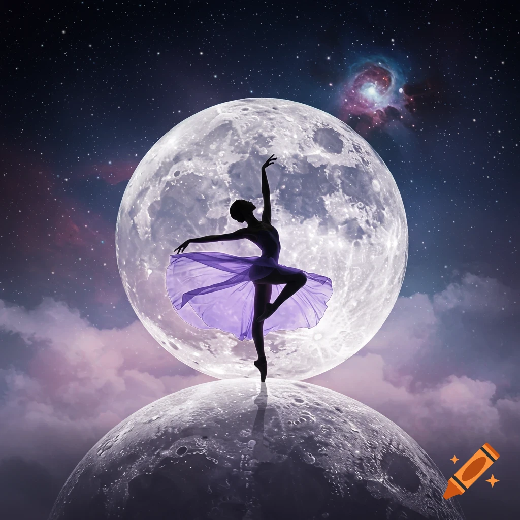 A silhouette of a ballerina in a purple tutu dancing on a moon, with a larger moon and a nebula in a starry night sky.