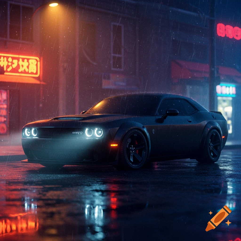 A matte black Dodge Hellcat parked on a wet, neon-lit city street at night, with rain streaks and reflections.