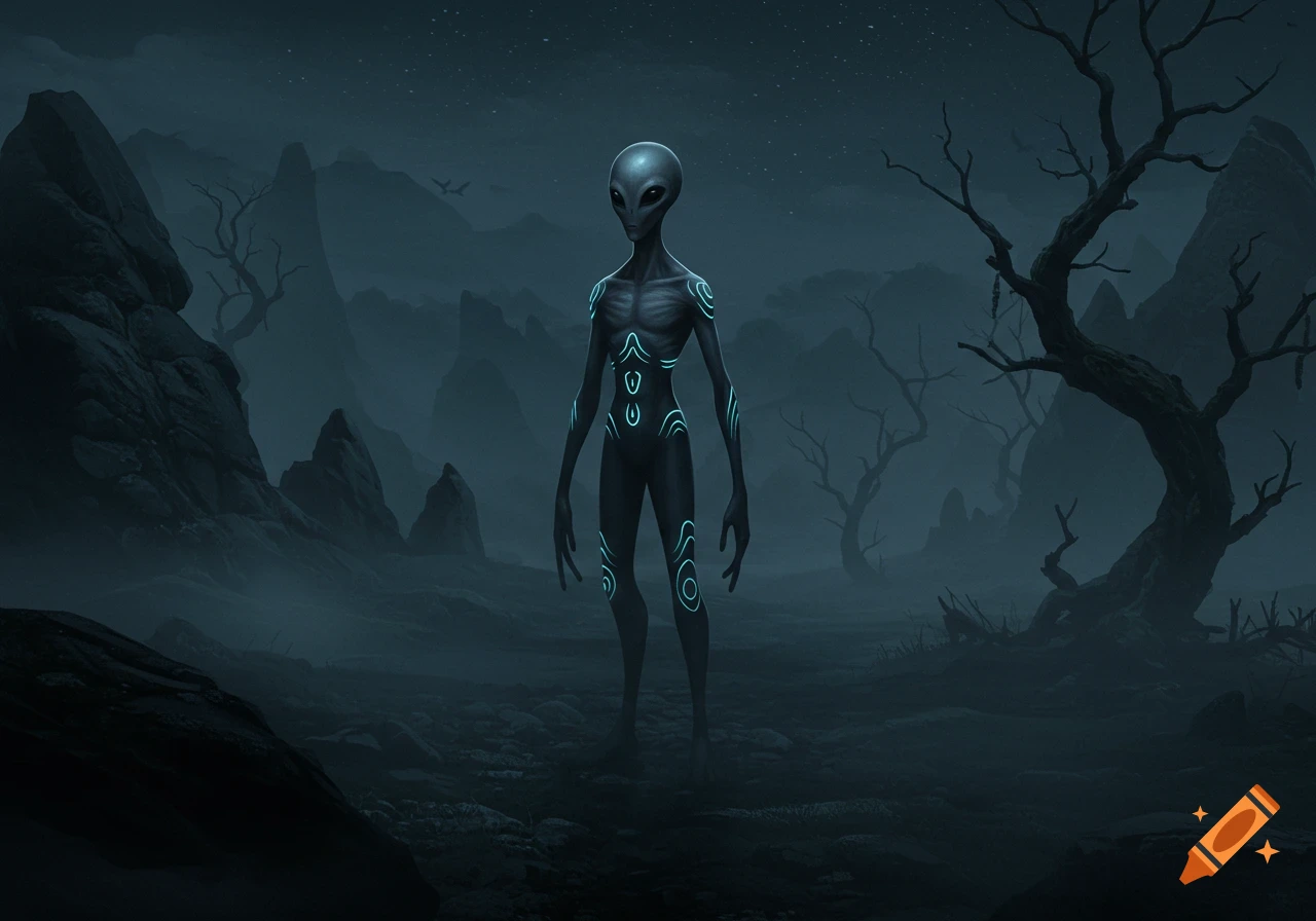 A grey alien with glowing blue patterns stands in a dark, misty, barren, rocky alien landscape with dead trees under a starry sky.