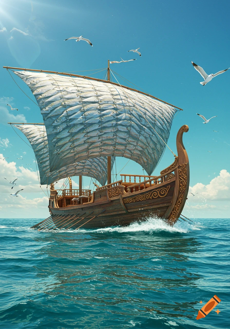 Ancient wooden Phoenician-style boat with sails covered in sardines, sailing on turquoise ocean waves under a bright blue sky with seagulls.