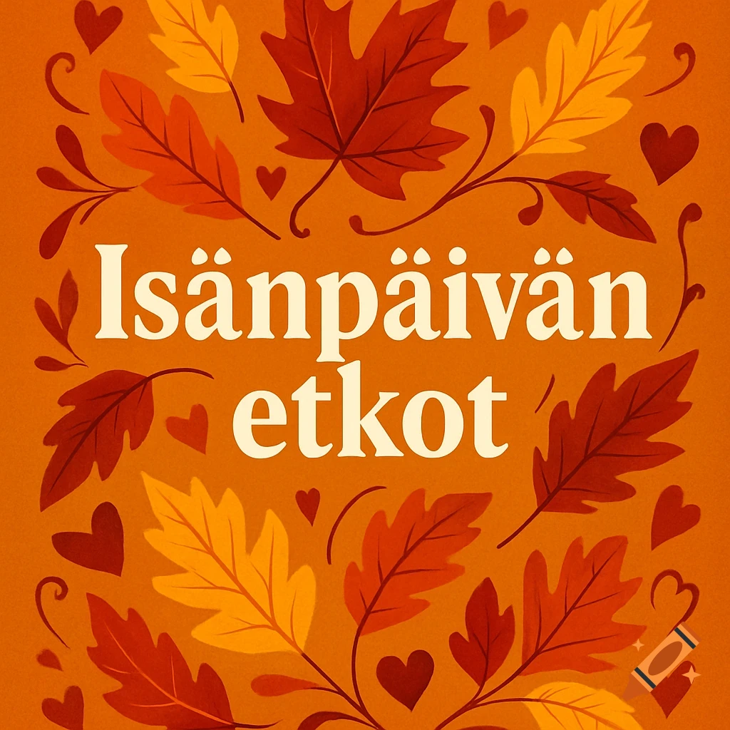 An illustration with the text "Isänpäivän etkot" in white on a warm orange background, surrounded by red and yellow autumn leaves and small hearts.