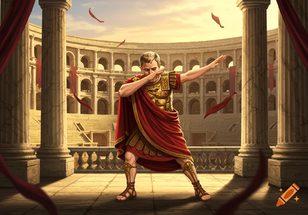 A Roman general in golden armor and red toga dabs in an ancient amphitheater, with red fabrics floating around.