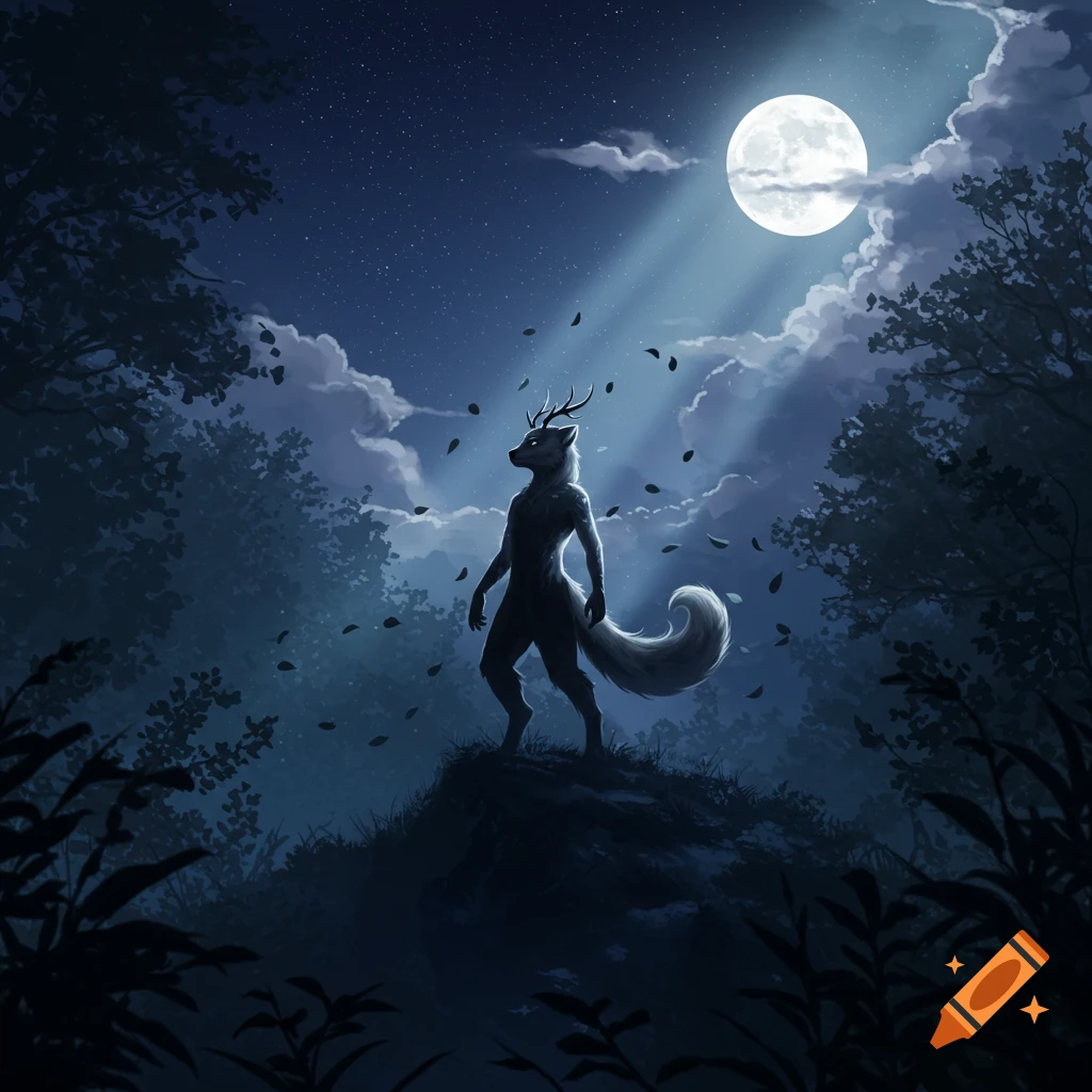 An anthropomorphic wolf-like creature with antlers stands on a moonlit hill in a dark forest at night.