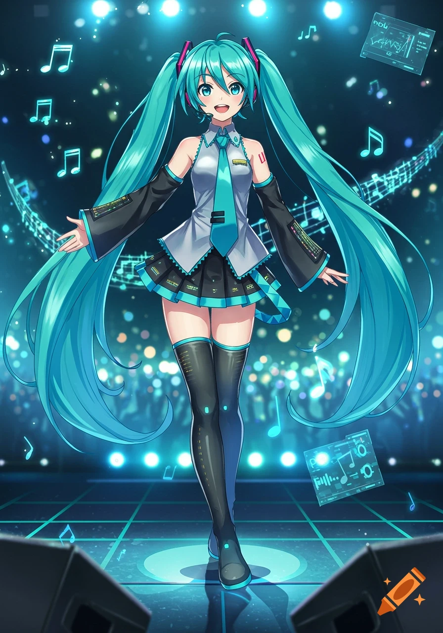 A full-body anime illustration of Hatsune Miku with long teal pigtails, wearing her signature outfit, on a futuristic stage with musical notes and glowing lights.