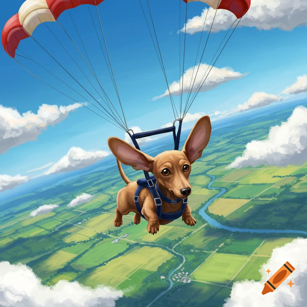 An illustrated dachshund dog skydiving with a red and white parachute high above green fields and a winding river.