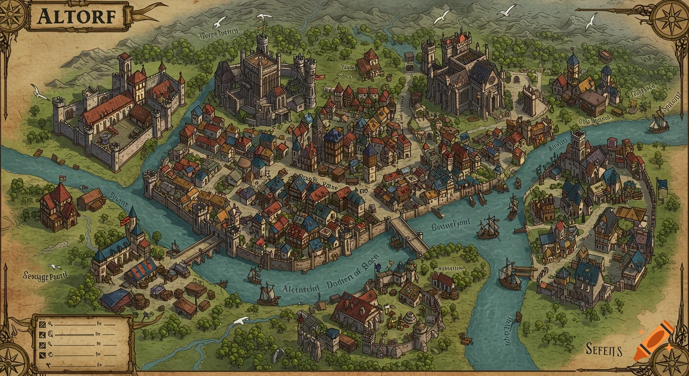 A top-down fantasy map of the city Altdorf, featuring various districts, rivers, bridges, and surrounding landscapes in a detailed, hand-drawn style.