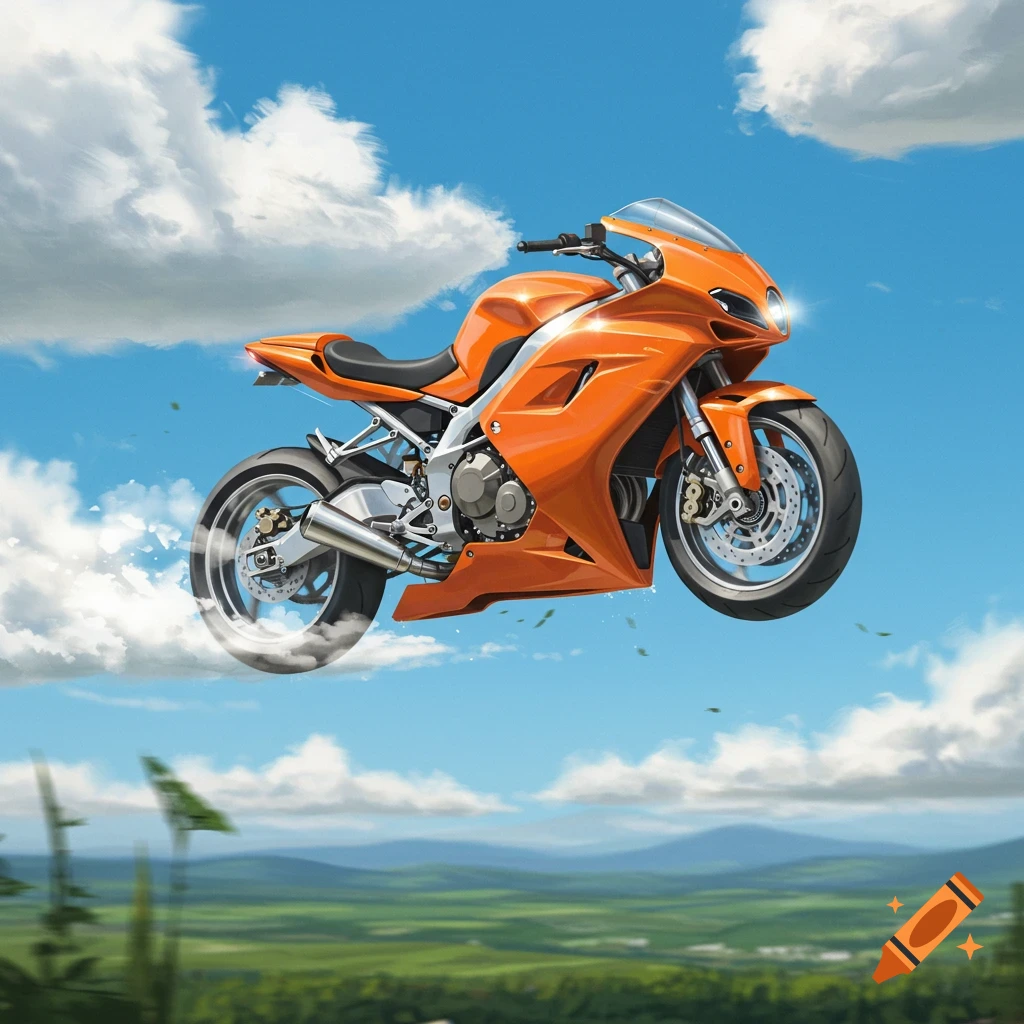 An orange motorcycle flies through a bright blue sky with white clouds, above a green, mountainous landscape. Stylized illustration.