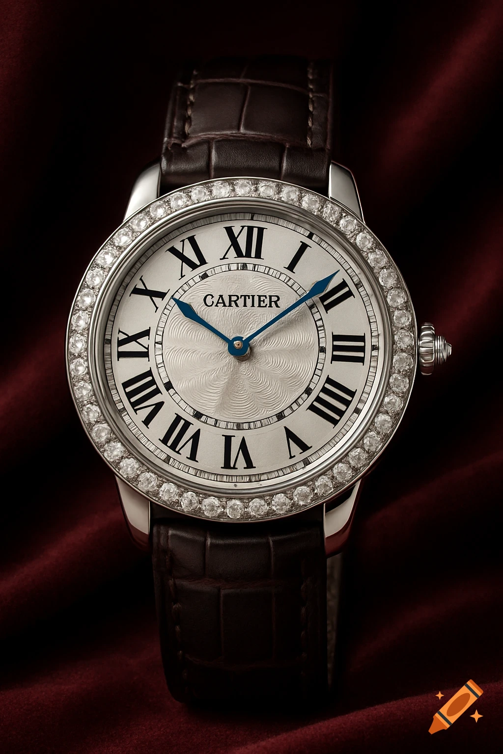 Close-up of a Cartier wristwatch with diamond bezel, white face, Roman numerals, blue hands, brown leather strap, on red fabric.
