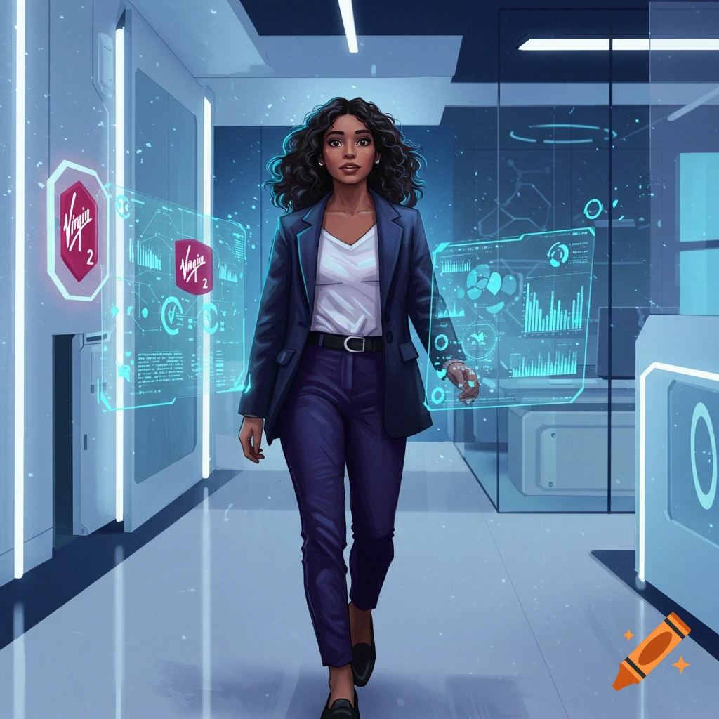 A woman with dark curly hair walks in a blue-lit futuristic corridor with glowing holographic data screens. She wears a dark blue suit. Digital art.