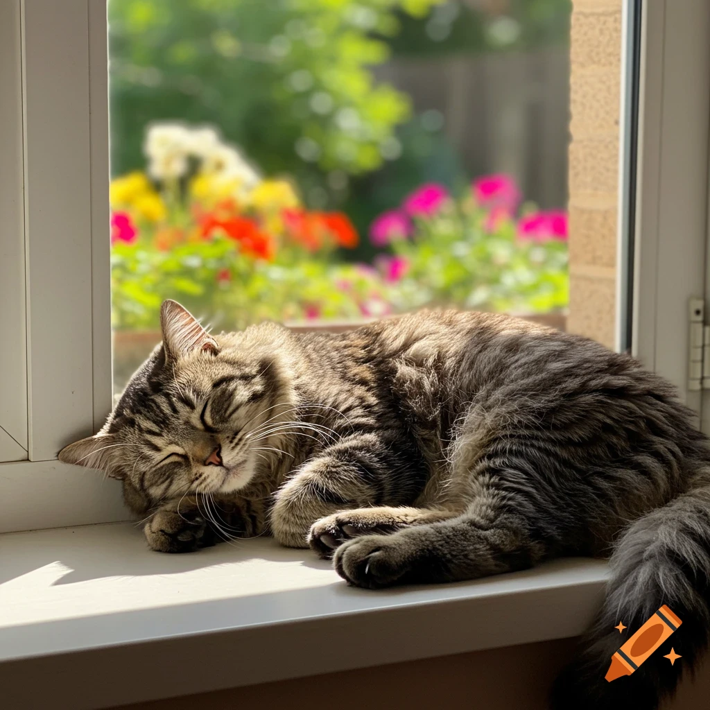 A fluffy tabby cat sleeps peacefully curled up on a sunlit windowsill with colorful blurred flowers outside.