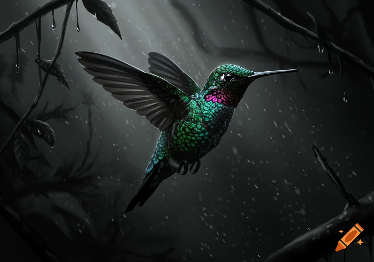 A vibrant green and pink hummingbird hovers in a dark, rainy jungle, with water droplets on branches.