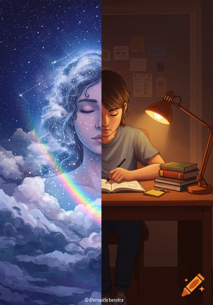 Illustration of a student, split vertically; one side shows her dreaming amidst stars and clouds, the other shows her studying at a desk.