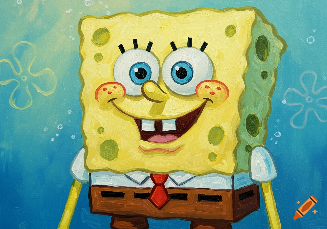An oil painting of a smiling SpongeBob SquarePants with large blue eyes, set against a blue, bubbly background.
