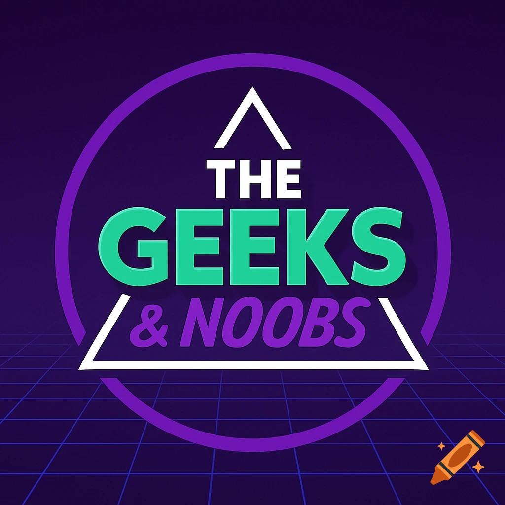 A retro-futuristic logo on a dark purple grid background. It features a thick purple circular border, white outlined triangles, and the text "THE GEEKS & NOOBS" in white, green, and purple.