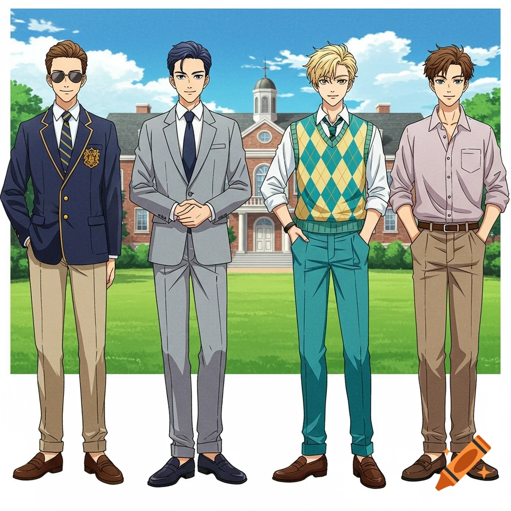 Four anime-style young men in preppy outfits stand against a backdrop of a stately brick school building.