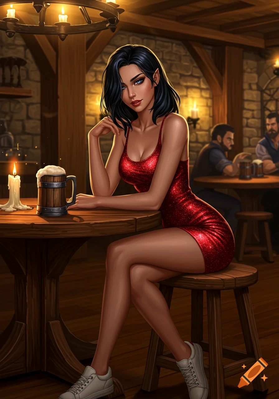 Fantasy art of a dark-haired elf woman in a sparkly red dress and sneakers sitting at a tavern table.
