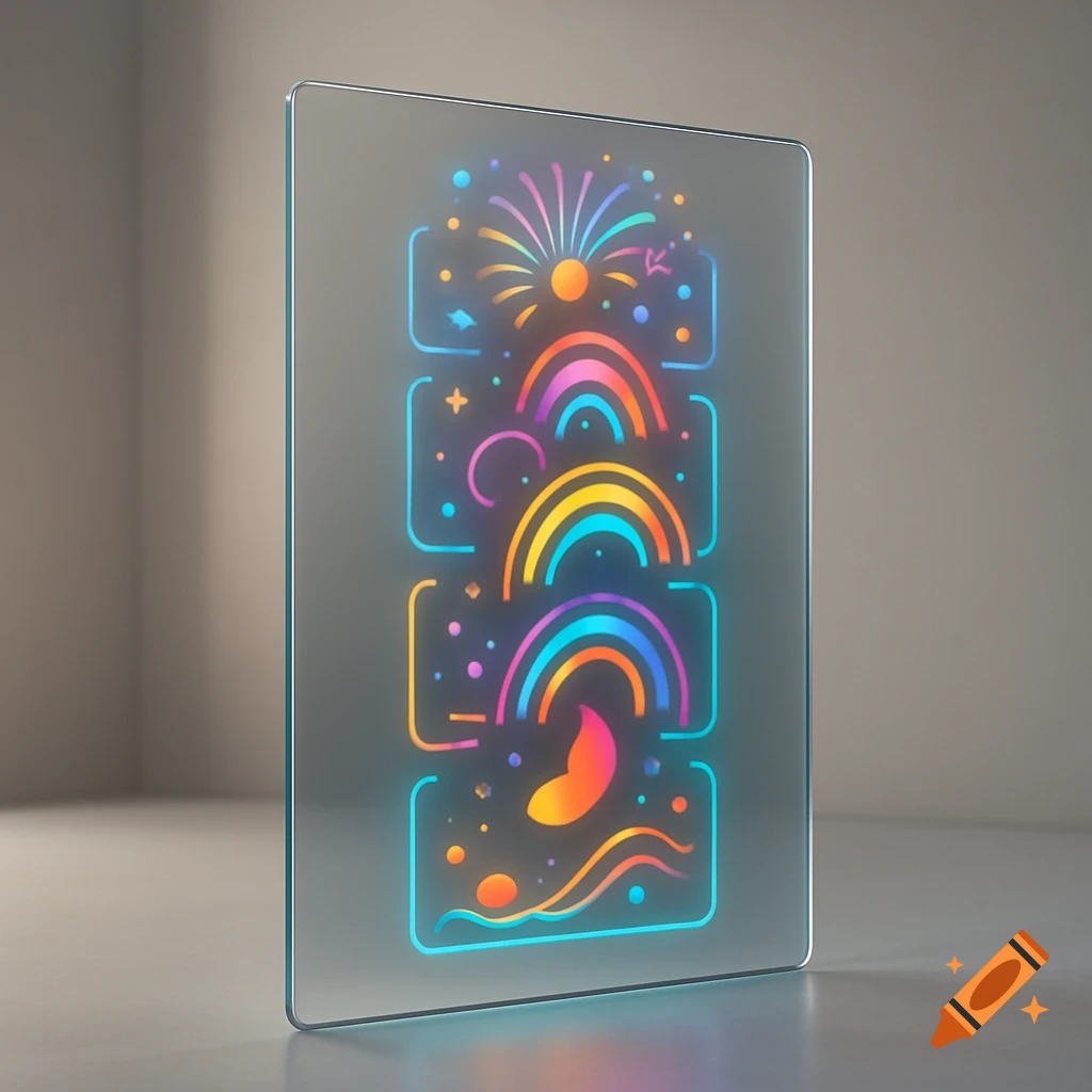 Colorful neon abstract animations stacked on a transparent glass panel, against a minimalist background in a digital art style.