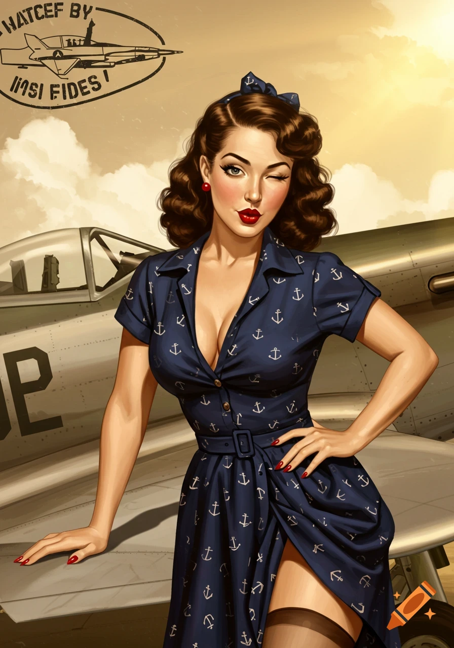 Pin-up illustration of a winking woman in a sailor dress next to a vintage airplane.