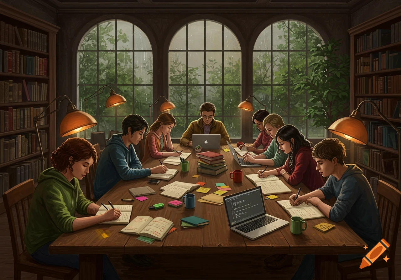 Students study at a long wooden table in a library with large arched windows showing rain outside, illuminated by desk lamps.