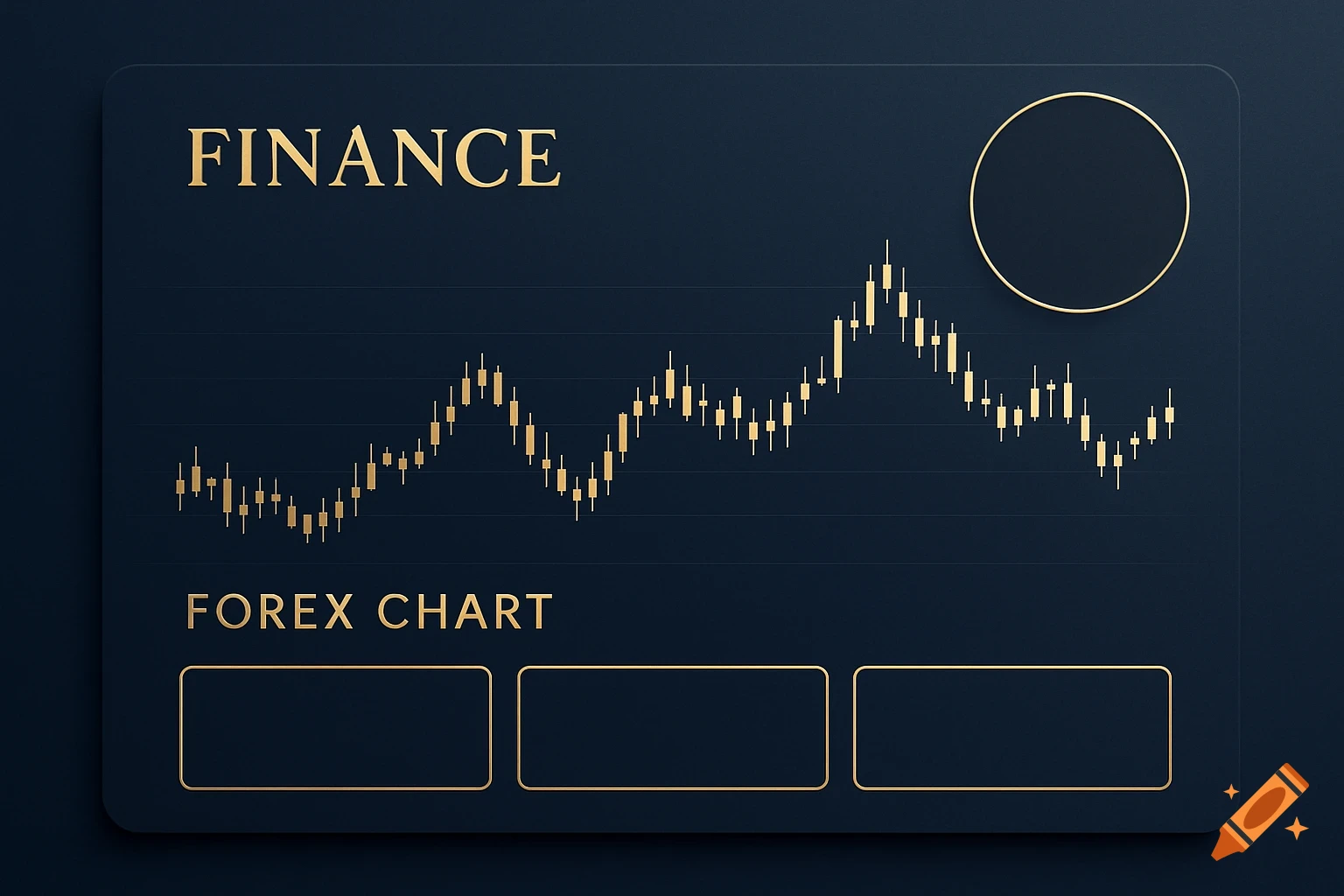 Professional dark blue finance card with gold 'FINANCE' text, a forex candlestick chart, a circular placeholder, and three rectangular text placeholders.