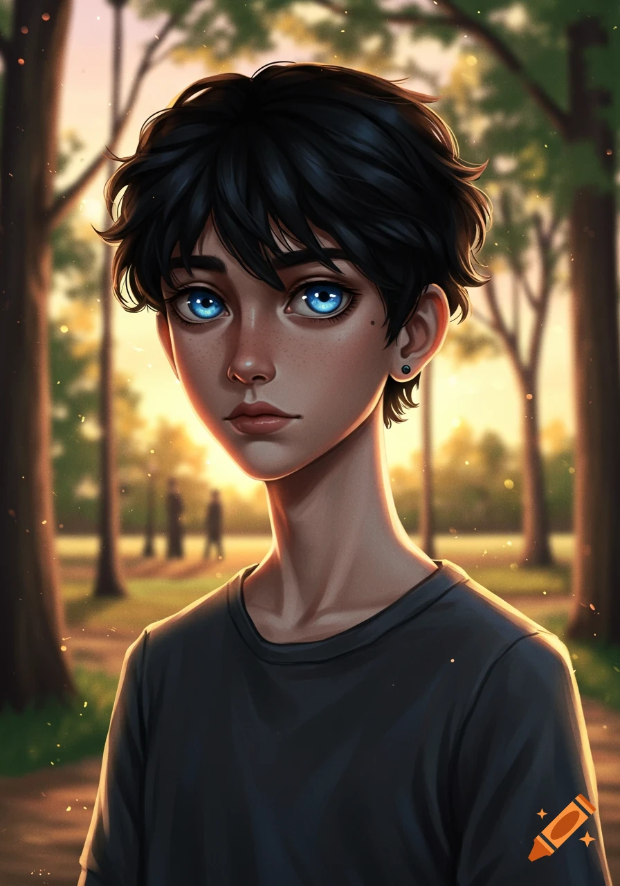 Stylized portrait of a young boy with dark, fluffy hair and bright blue eyes, wearing a dark gray t-shirt, standing in a sunny park at sunset.