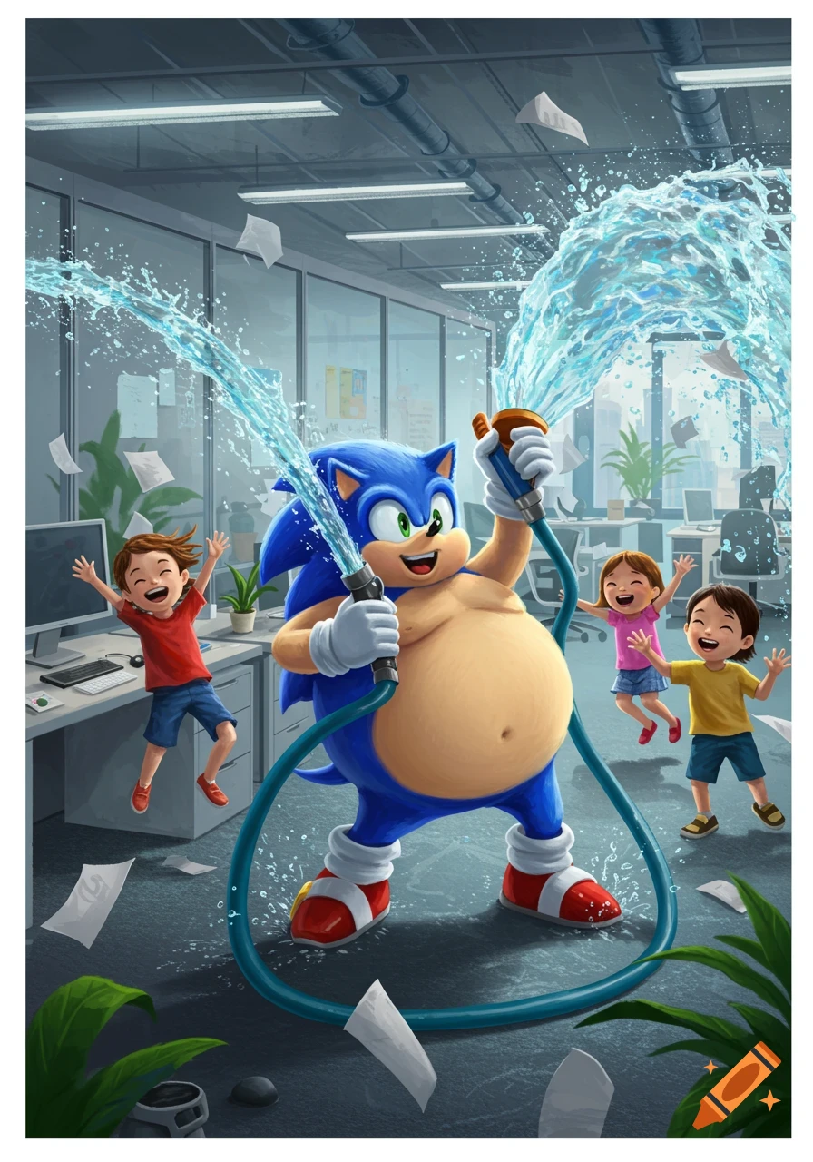 A fat Sonic the Hedgehog joyfully sprays water from a hose at three happy children in a chaotic office, in a cartoon illustration.