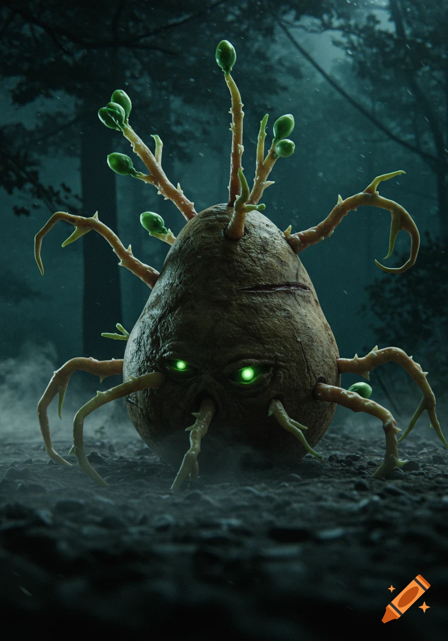 Photorealistic image of a monstrous, germinated potato creature with glowing green eyes and spidery roots, in a dark, misty forest at night.