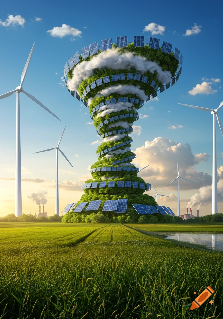A swirling green landscape with solar panels and clouds forms a tornado-like structure amidst wind turbines and distant factories under a sunny sky.