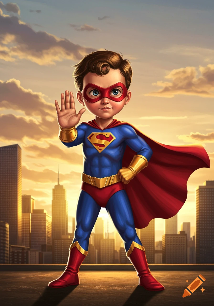 A cartoon boy in a Superman-like costume with a red mask and cape stands on a city rooftop at sunset, holding one hand up as if to stop.