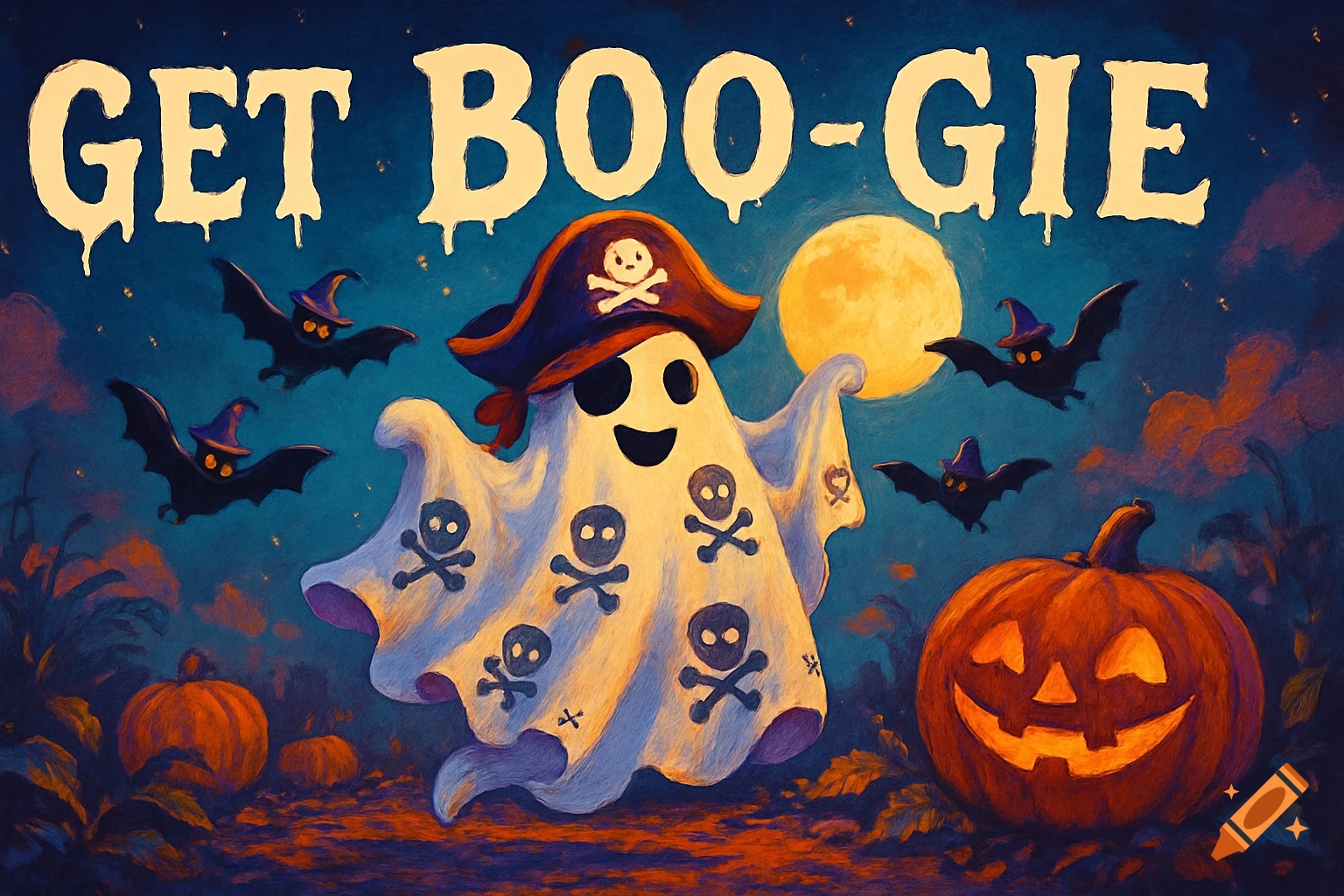 A cheerful ghost in a pirate hat dances under a full moon with bats and carved pumpkins in a cartoon Halloween illustration, with text 'GET BOO-GIE'.
