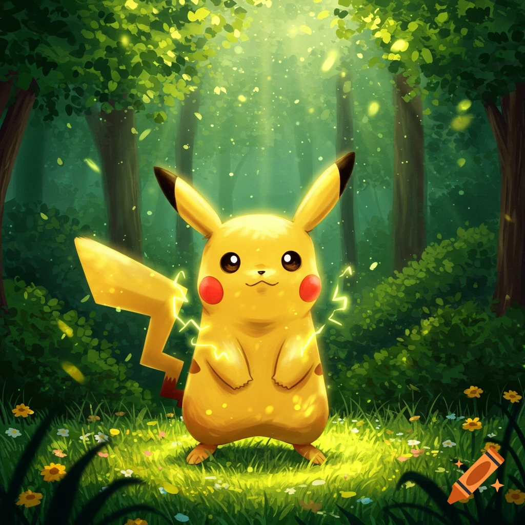 A cute illustration of Pikachu glowing with electricity in a vibrant, sun-dappled green forest.