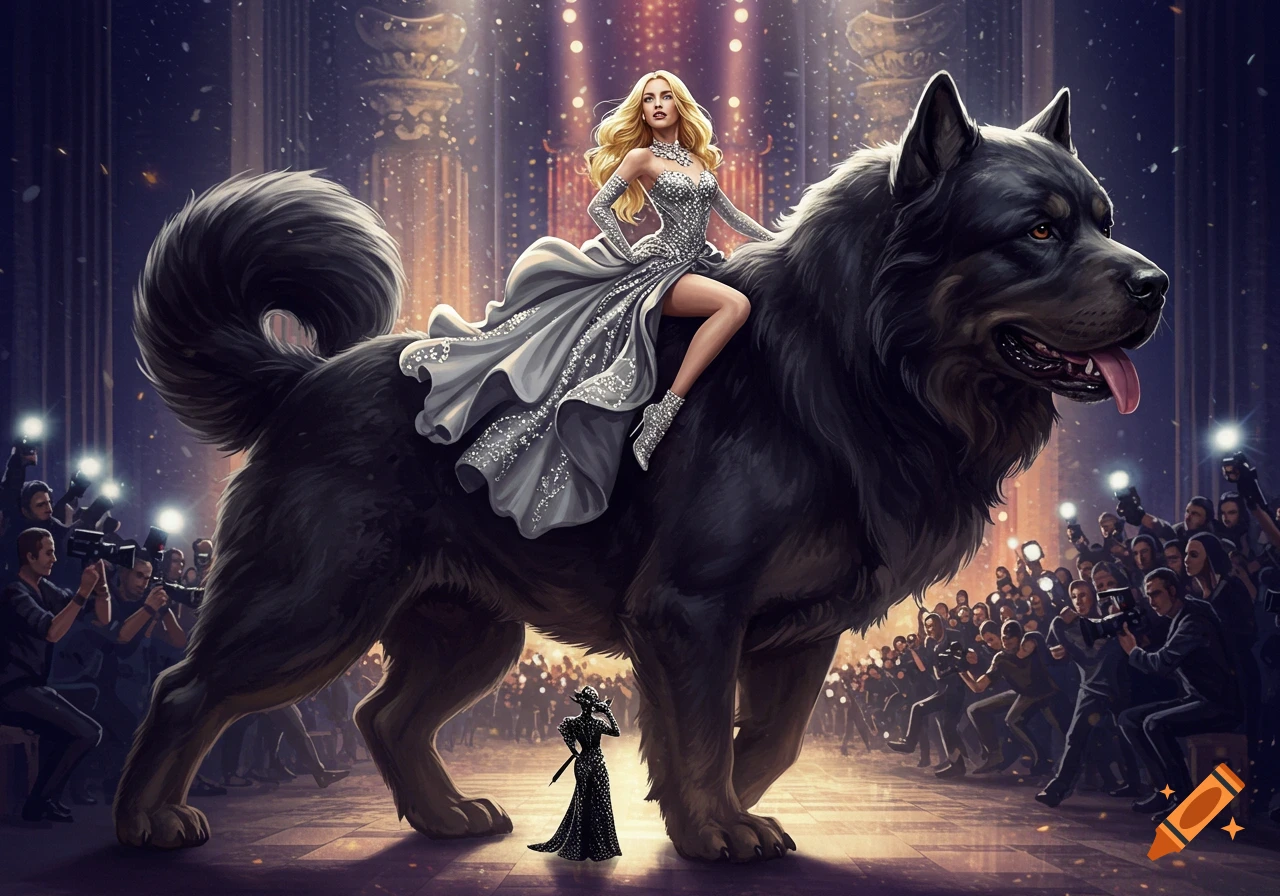 A glamorous woman in a sparkling dress rides a giant black dog on a red carpet, surrounded by flashing paparazzi.