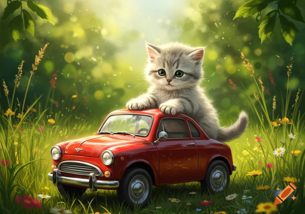 A fluffy tabby kitten sits on a small red vintage car in a sun-dappled green field with wildflowers.