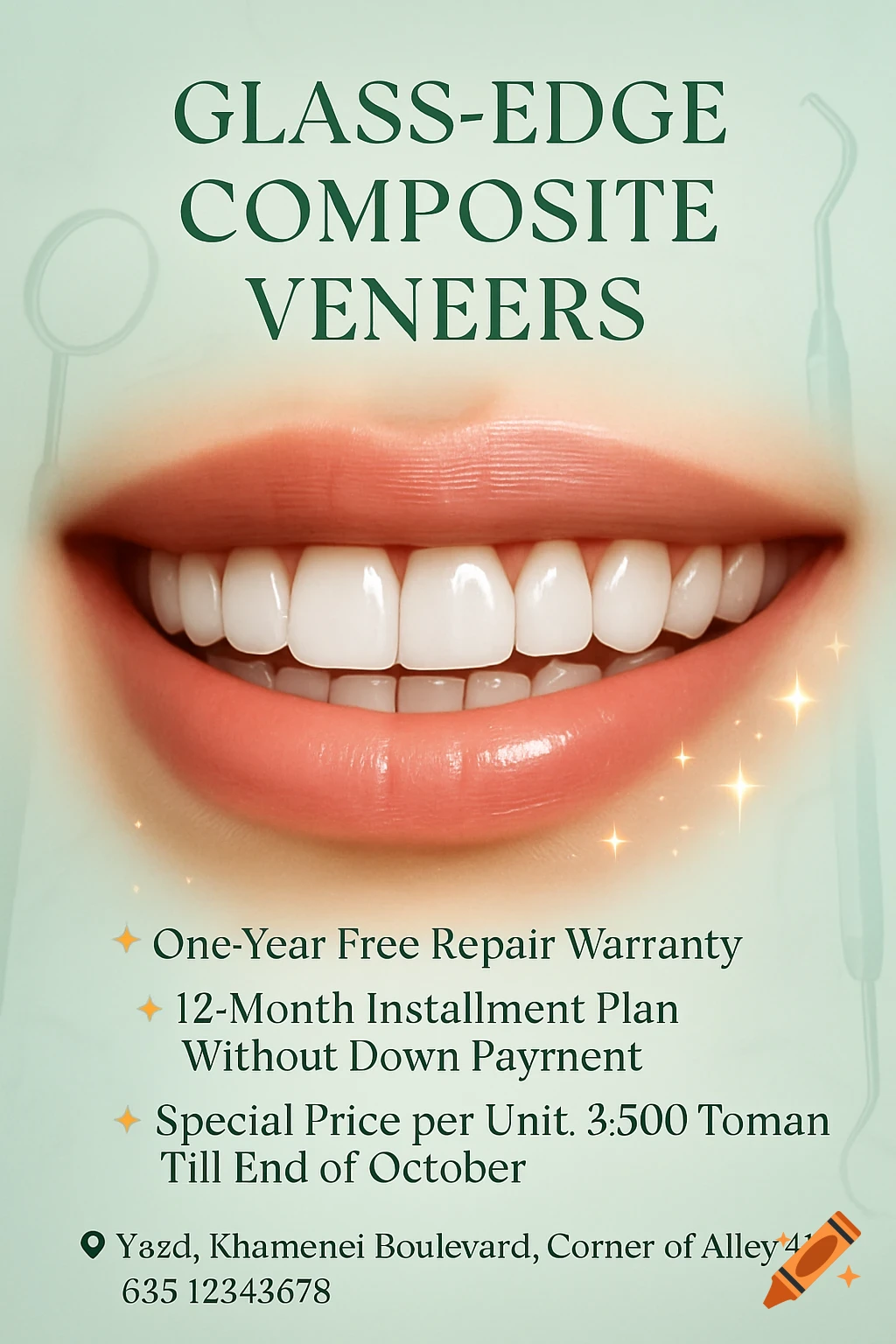 Close-up of a smiling mouth with perfect white teeth, advertised as glass-edge composite veneers, with dental tools in the background.