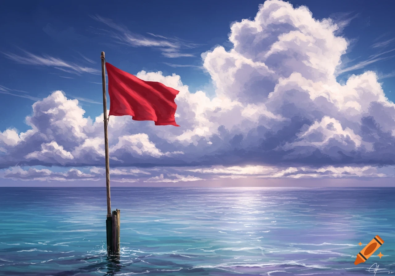 A red flag waves on a wooden pole standing in a calm blue-green sea under a dramatic deep blue and cloudy sky.
