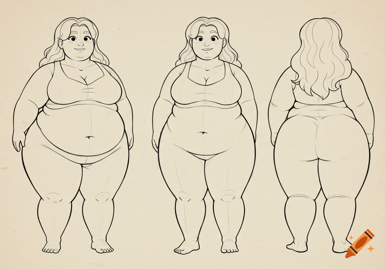 Line art character sheet of a plump woman in three views, front, angled, and back, wearing a bra and underwear.