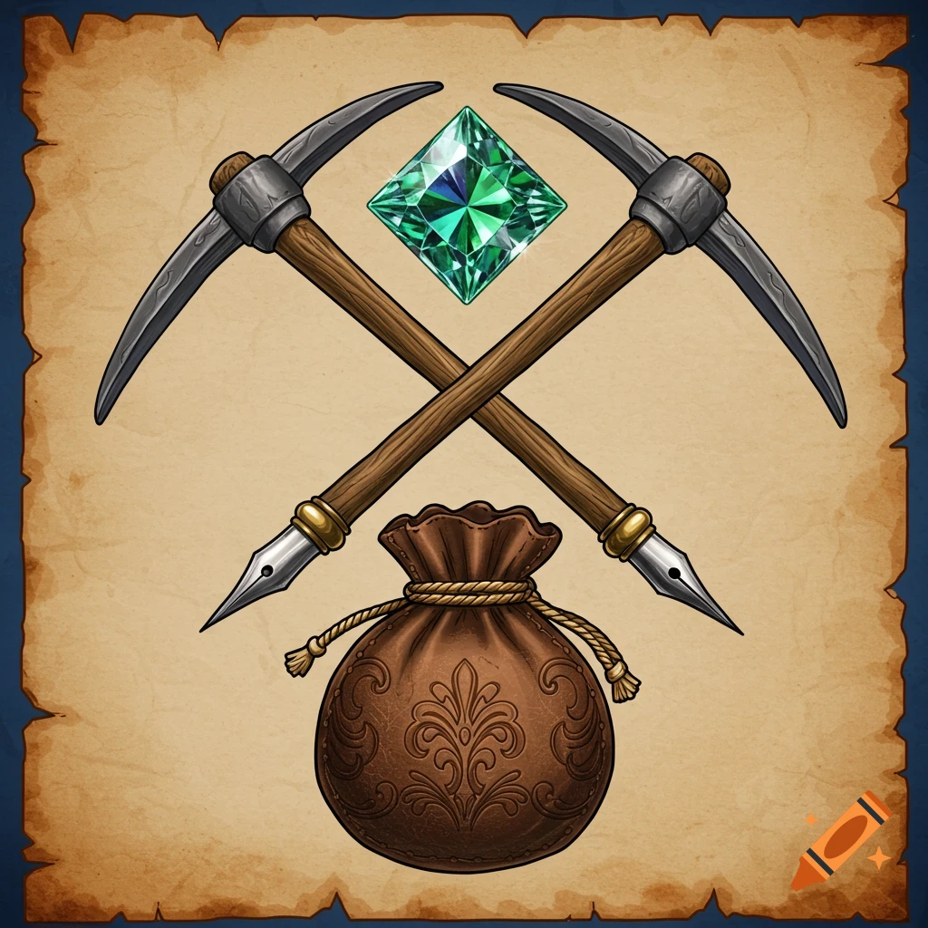 A stylized emblem featuring two crossed pickaxes with quill pen tips, an emerald-green gem, and a brown money bag with ornate patterns, all on a vintage parchment background with a dark blue border.