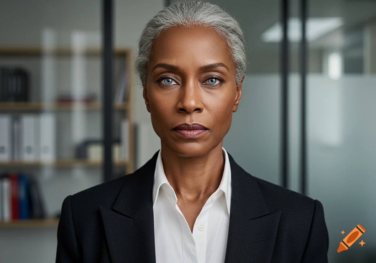 Photorealistic portrait of a serious mature woman with gray hair and blue eyes, wearing a blazer, staring intently in an office.