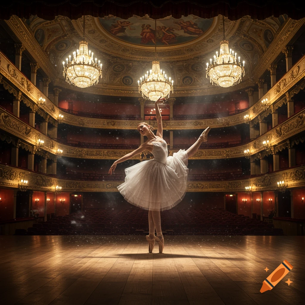A ballerina in a white tutu performs on a grand theatre stage under spotlights and ornate chandeliers.